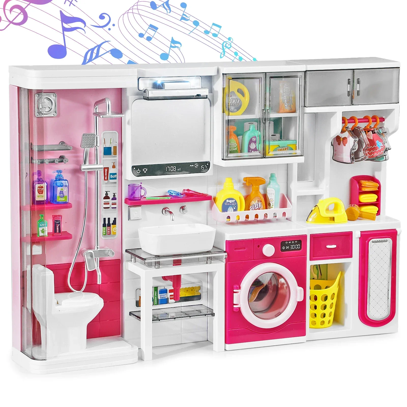 mquduo-pink-bathroom-role-play-set-with-shower-vanity-laundry-cabinet-ironing-board-christmas-thanksgiving-new-year-gift
