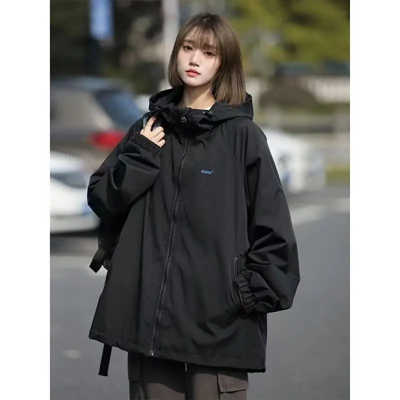 Spring Autumn Black Hoodie Women's Streetwear Casual Loose Jacket Student Coat Indie Outerwear Cyber Punk Jacket Emo Sportwear