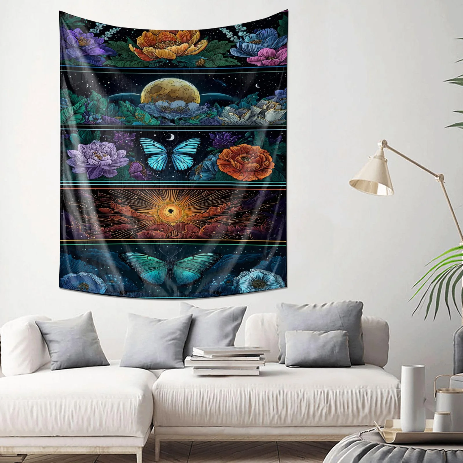 Floral Butterfly Moon Cosmic Eye Wall Tapestry Machine Washable All Season Decor Print Mystical Nature Design Home Quick Setup