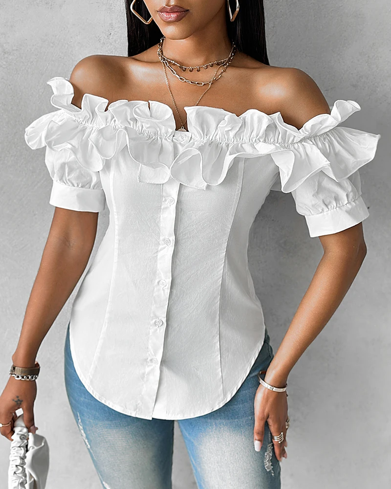 2024 Buttoned Ruffles Asymmetrical Hem Short Sleeve Blouse Women Top