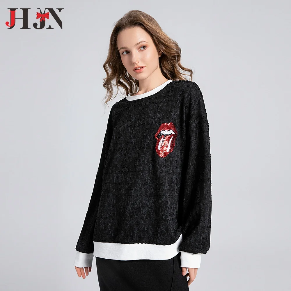 JHJN New Woman Hoodies Casual Loose Hoody Solid Color Patch Designs Sweatshirt Hole Manual Distressed Tracksuit Chest Sequin Top