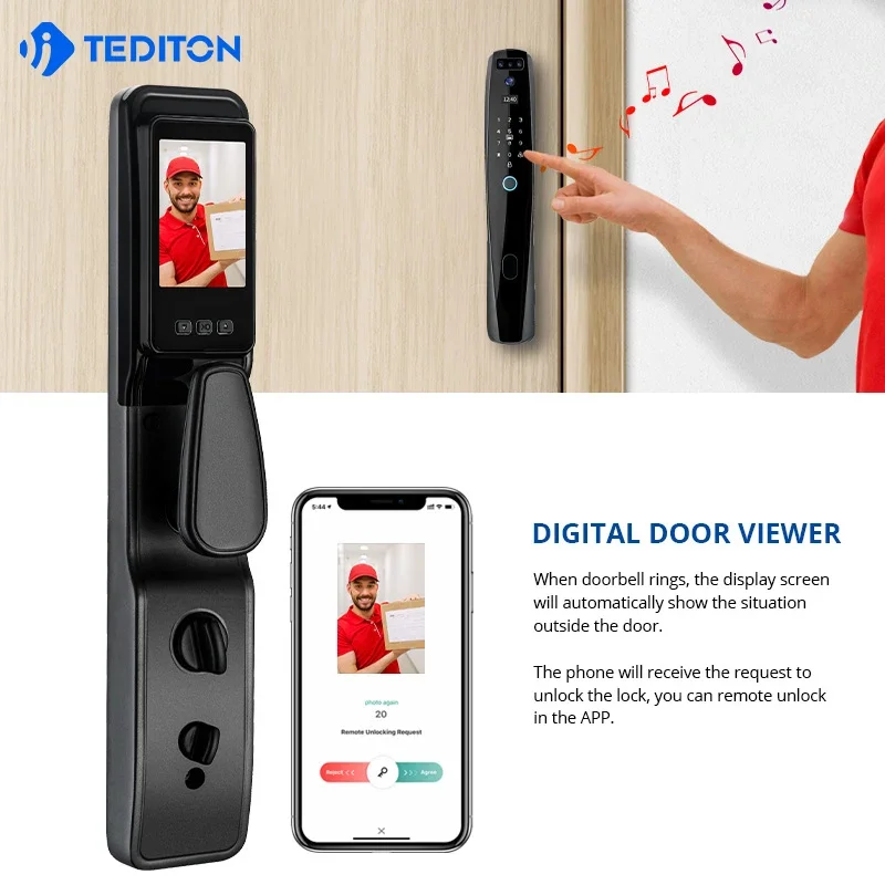003 Tediton Biometric Digital Tuya Wifi Photo Camera Capture Fingerprint Smart lock with Face Recognition Door Lock