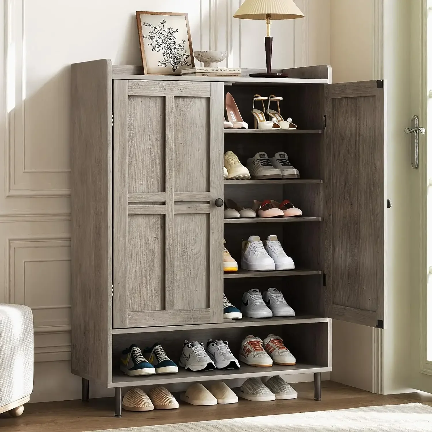 

Grey 7+1 Tier Farmhouse Shoe Storage Cabinet - 45" Tall Entryway Organizer with Cross Molding Doors, 3 Adjustable Shelves & Meta
