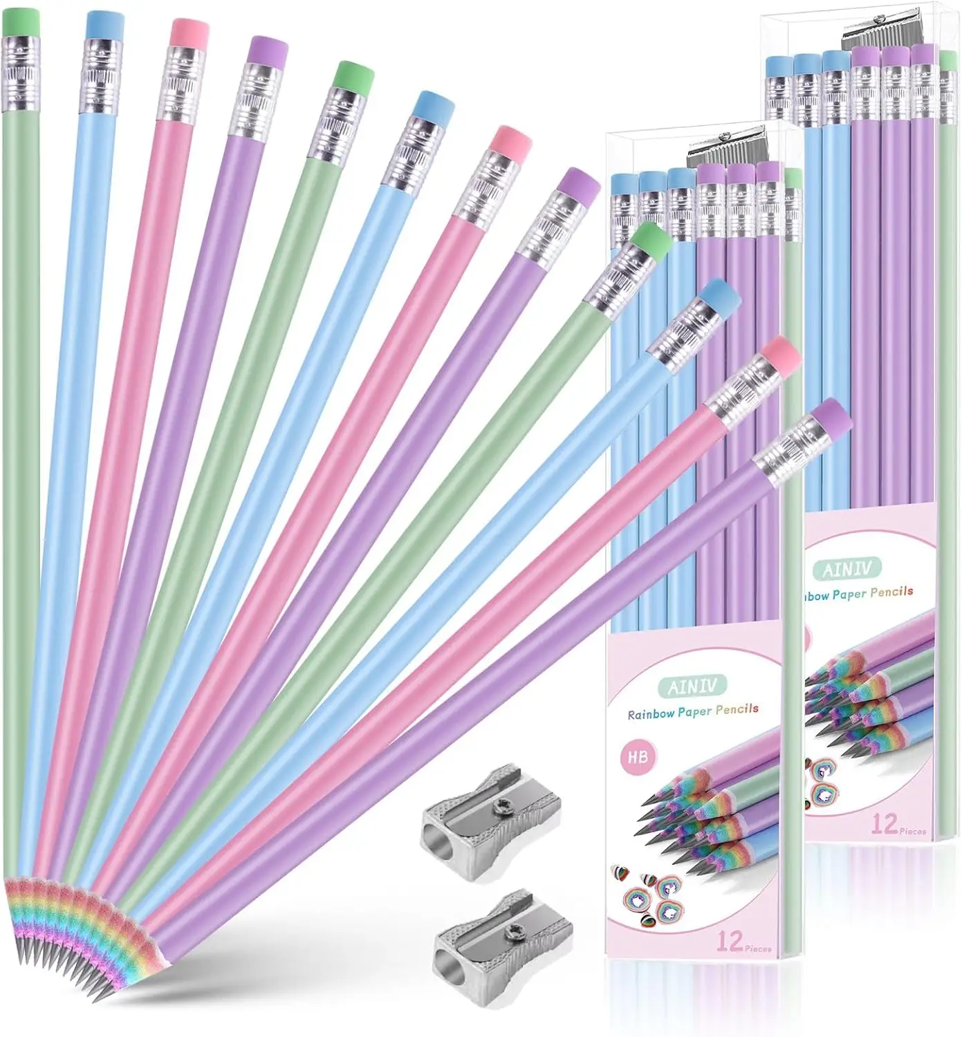 

24 шт. радужных бумажных карандашей с ластиками и точилкой, экологически чистые, из переработанных материалов # 2 HB для школы и офиса