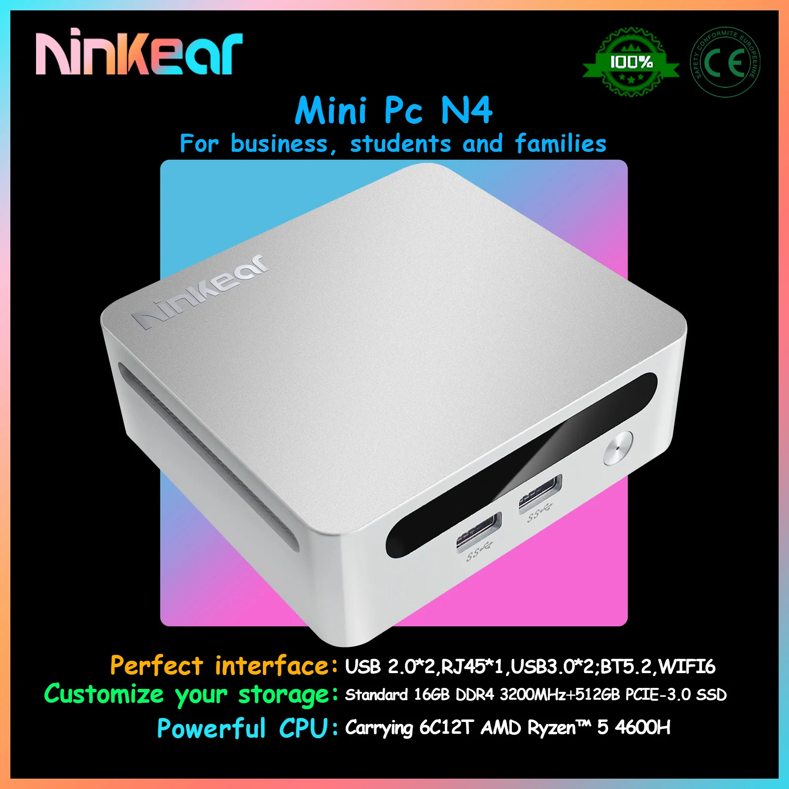 Ninkear MINI PC N4 AMD Ryzen 5 4600H 16GB DDR4+512GB SSD UP to 4.20GHz WIFI 6 BT5.2 Support 8K Three Screen Windows 11