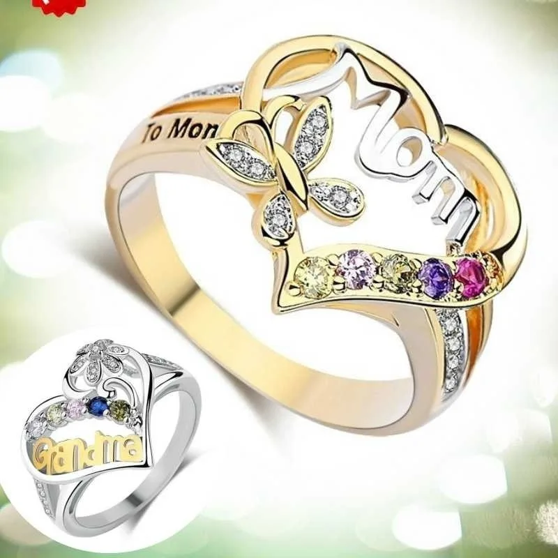 Lovely Mother's Rings Women Personality Hollow Out Love Heart Letter Mom Ring Butterfly Crystal Rings Jewelry Mother's Day Gifts