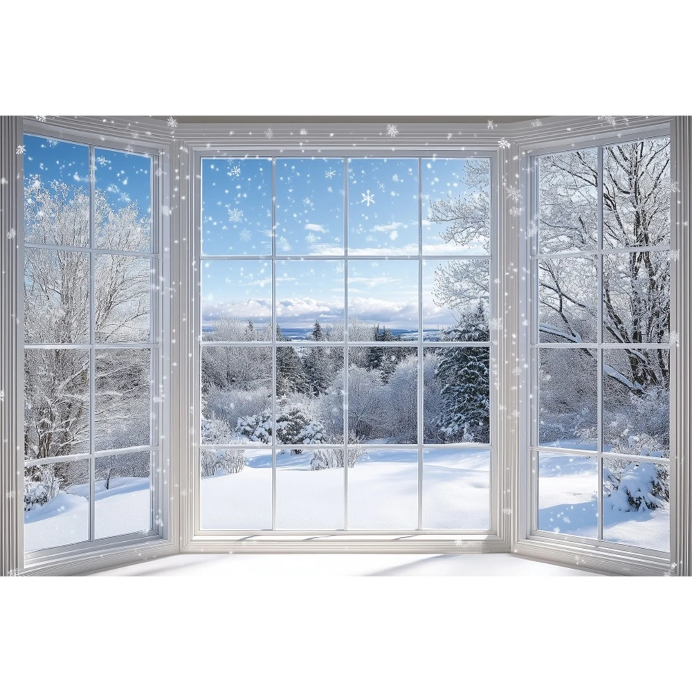 Winter Snow Window Scene Photography Backdrop Wonderland Snowflake White Window Forest Christmas Party Photo Background Decor