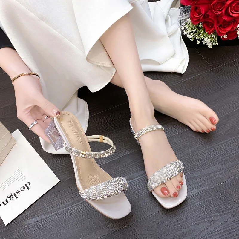 Shiny Gold Silber Damen Sandalen 2025, Sommer, dicker Absatz, Kristall, High Heels, Party-Schuhe, Damen, bequeme Slides, Alias