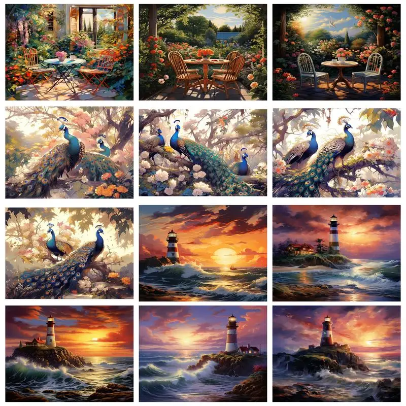 RUOPOTY DIY Paint By Numbers Kits Sunset Lighthouse Painting House HandPainted On Canvas Oil Picture Drawing Coloring DIY Crafts