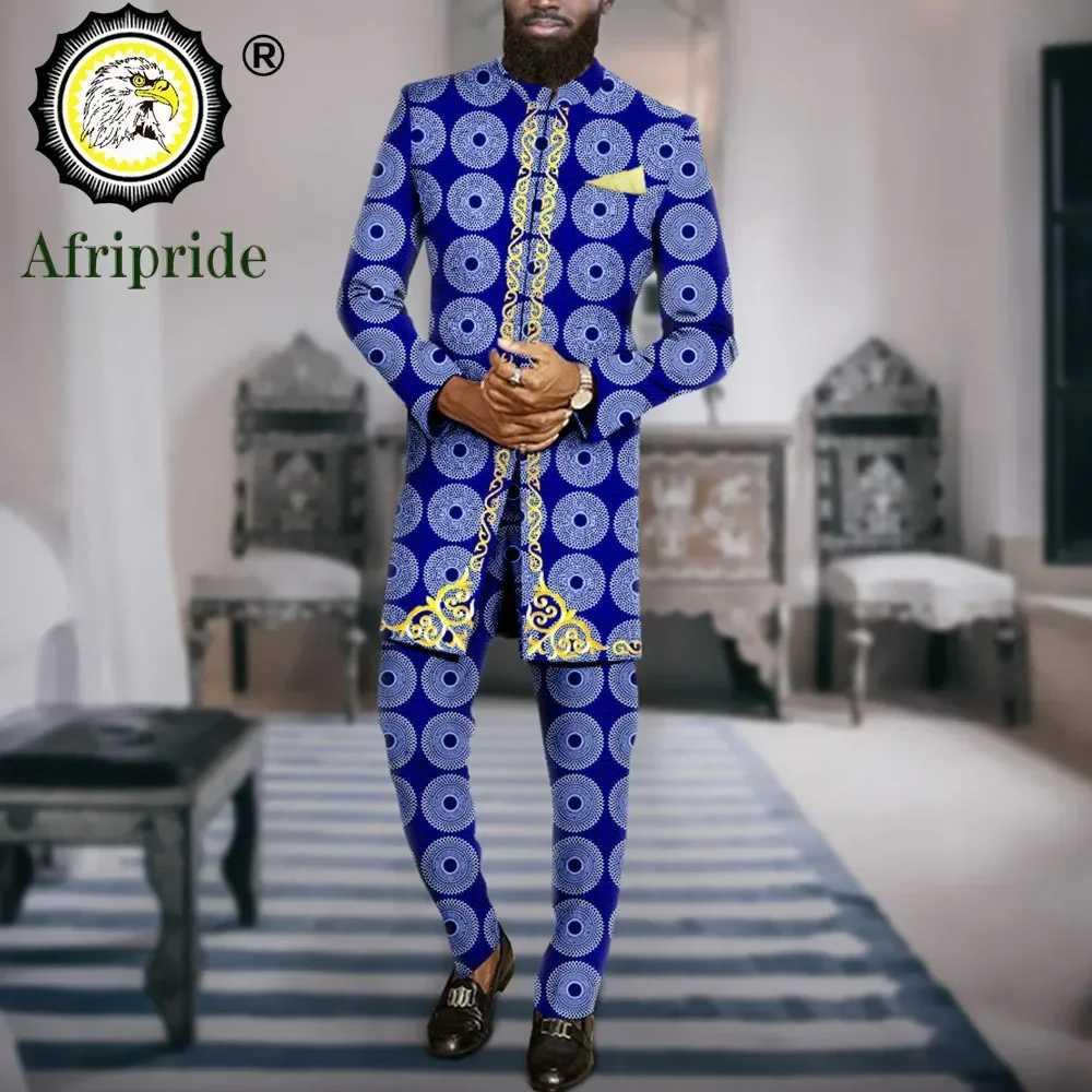 Men`s Suit African Clothes Embroidery Blazer and Ankara Pants 2 Piece Set Print Outfits Dashiki Attire with Kerchief A2316066