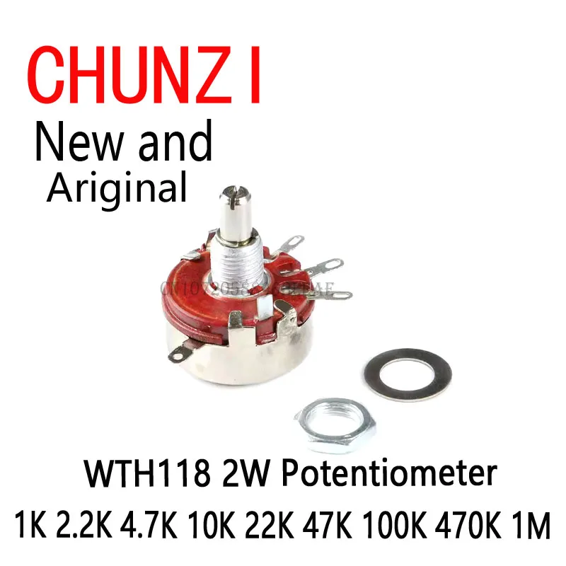 2 szt. Potencjometr WTH118-2W z okrągłą osią, potencjometr obrotowy stożkowy z włókna węglowego WTH118 2W 1A 1K 2.2K 4.7K 10K 22K 47K 100K 470K 1M