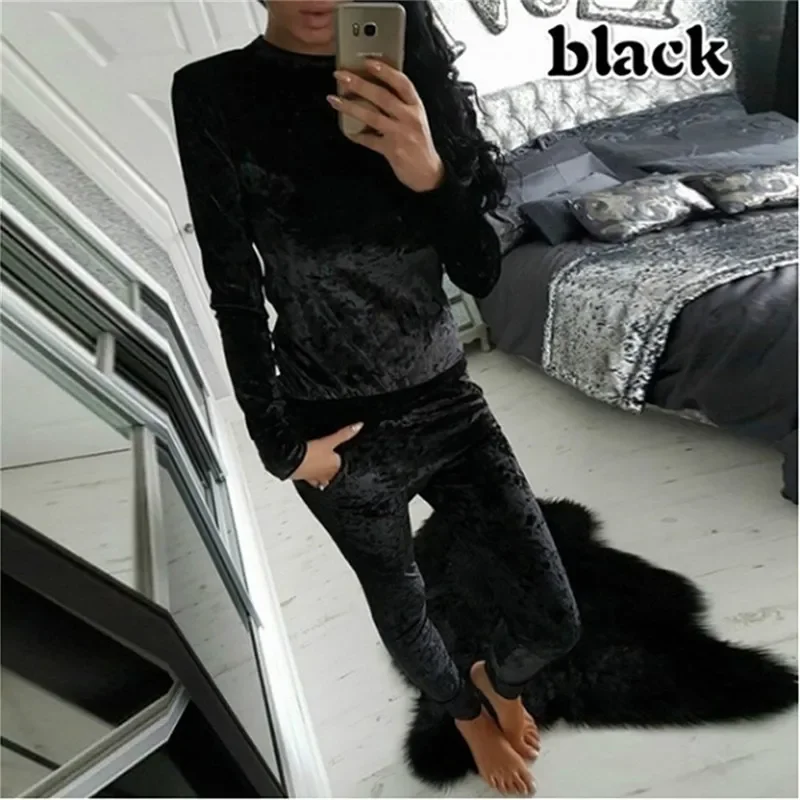 Women Tracksuit Velvet Solid Color Autumn O-neck Sweatshirt and Pants Two Piece Set Fashion Casual Homewear Slim Female Outfits