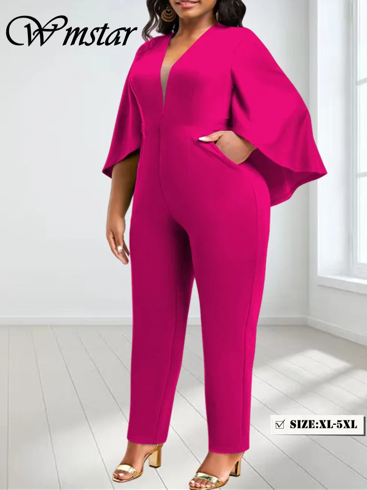 Wmstar Plus Size Romper kobiety solidne rozkloszowane pół rękaw V dekolt legginsy damskie damskie kombinezon biurowy Dropshipping bez paska