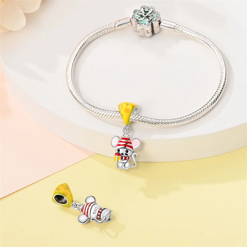 925 Sterling Silver Cheese Mouse Charms Pendant Fit 3mm Original Bracelet DIY Women Fashion Birthday Anniversary Jewelry Gifts