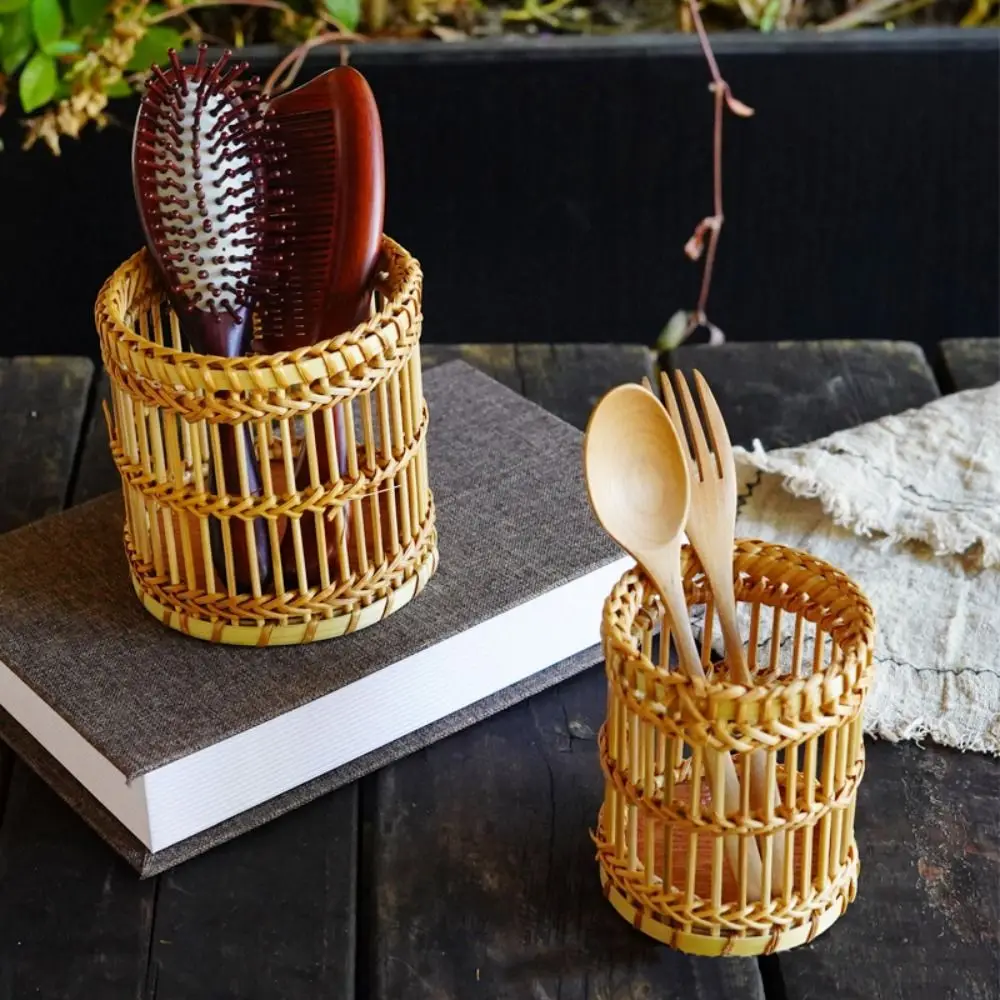 Natural Materials Bamboo Woven Pen Container Multi-functional Home Office Makeup Brush Container Tabletop Storage Handmade