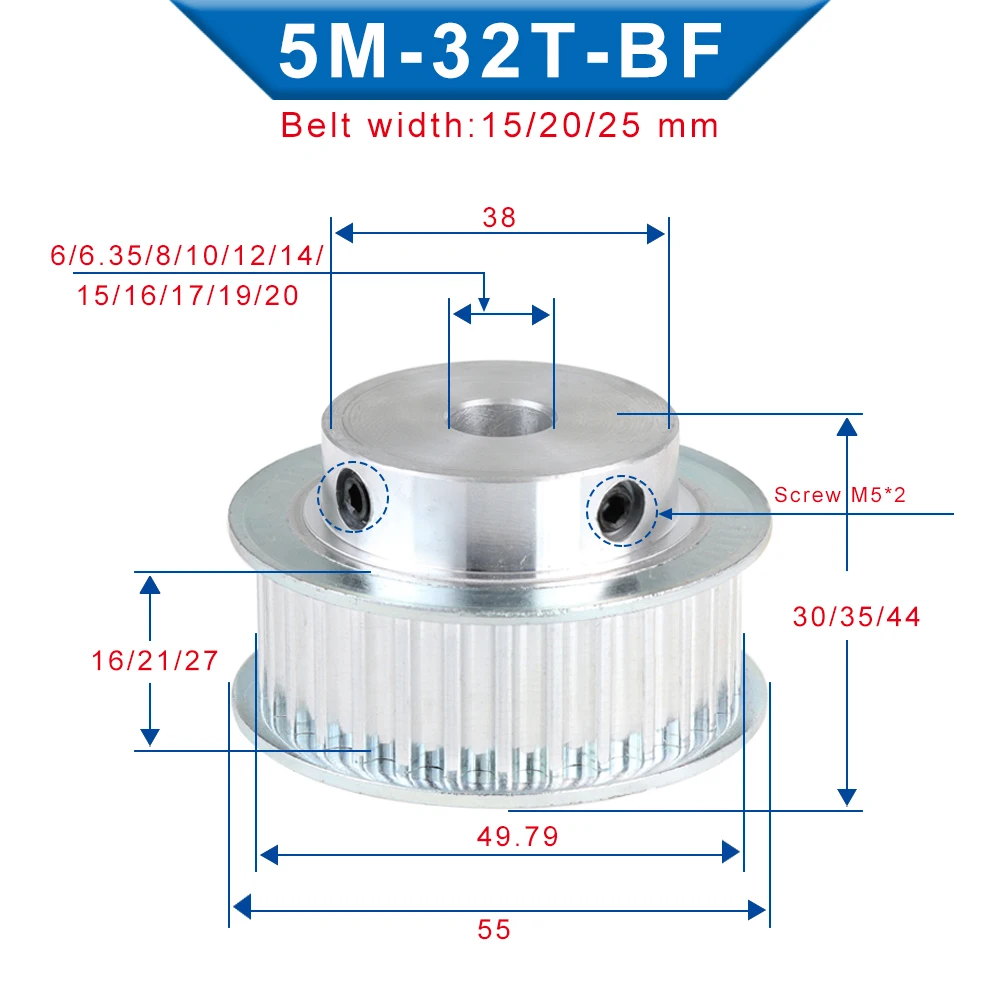 

5M 32T Belt Pulley Bore 6/6.35/8/10/12/12.7/14/15/16/17/19/20 mm Alloy Pulley Wheel For 5M Rubber Belt Width 15/20/25mm