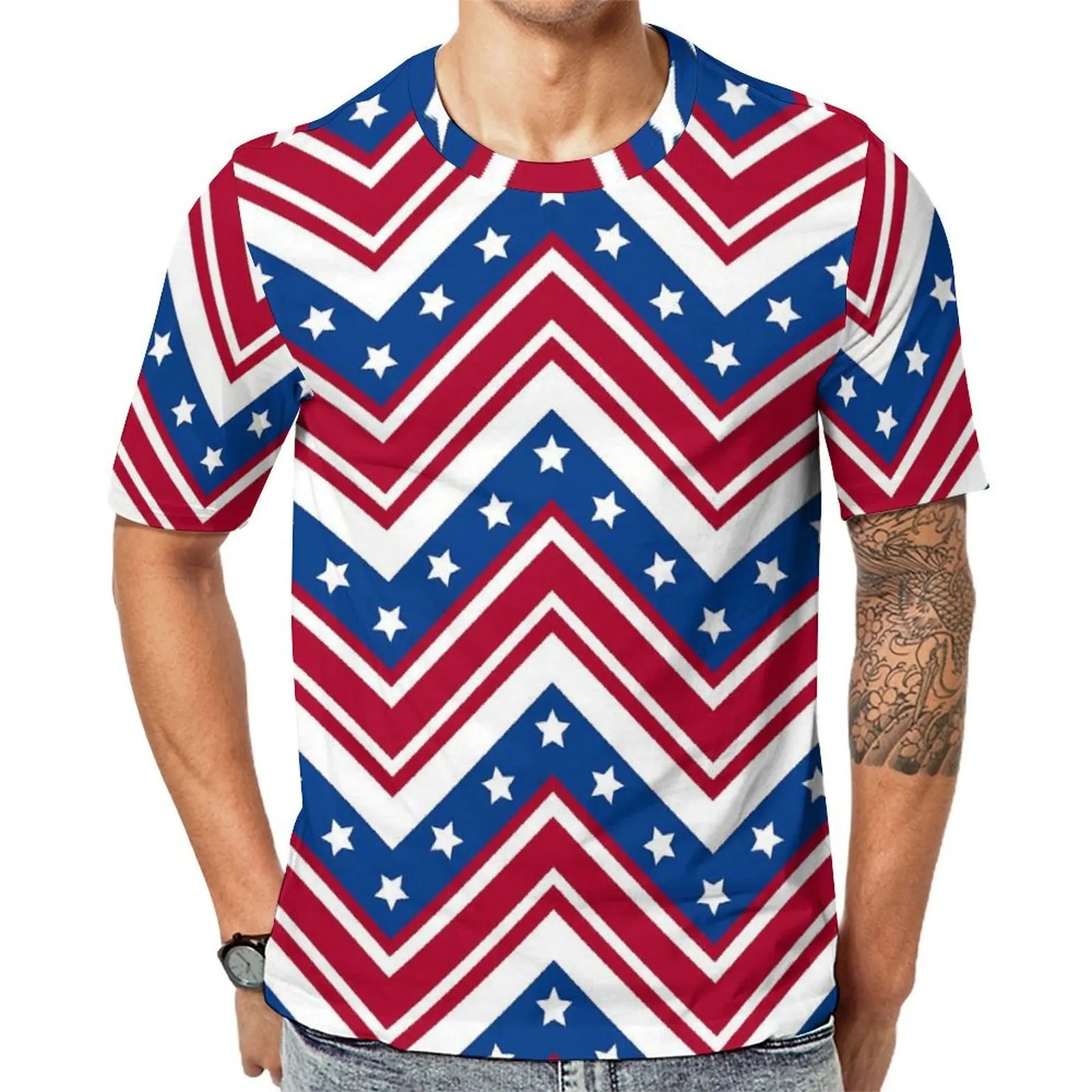 Summer T Shirt USA Flag T-Shirts Red White and Blue Zigzag Casual Harajuku Tees For Men Short Sleeve Pattern Plus Size Tops