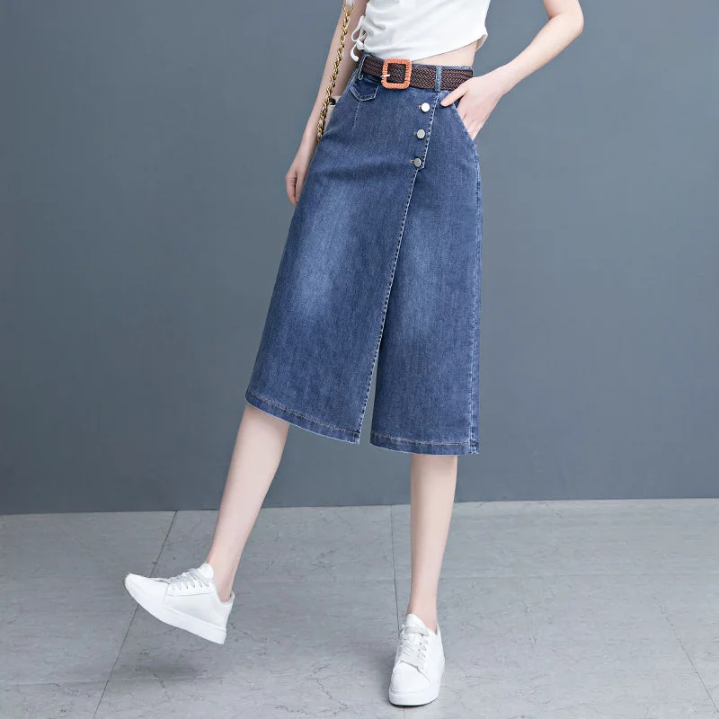 Denim Mid-length Culottes Women High-waist Summer New Girl Skirt Fake Two Covered Belly Wide Legs Over Knee in One Body Pants