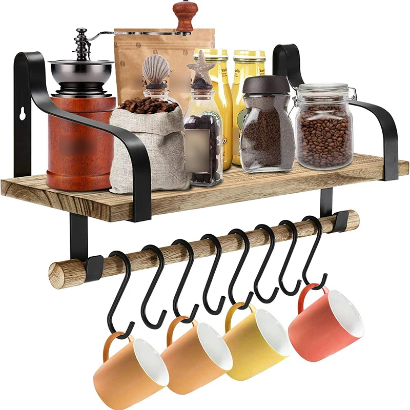 Floating rack wall rack for storing country wooden kitchen seasoning rack with towel bar and 8 detachable hooks, used for organi