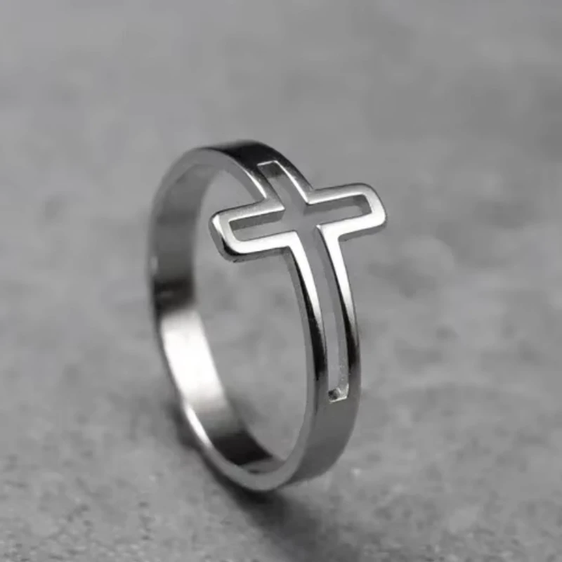 Christian Christ Jesus Cross Ring Stainless Steel Gold Color Lord Prayer Catholic Rosary Church Rings Jewelry Anillo Open Size