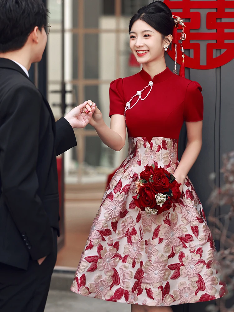 

White Midi Chinese Sle Qipao Wedding Dr for Engagement And Drinking Ceremony ort Sve Slim Fit Vintage Faion