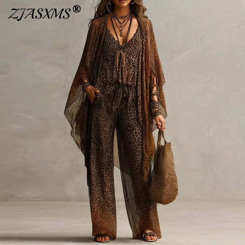 Ensemble 3 pièces rétro imprimé léopard pour femme : haut sans manches, pantalon large à taille élastiquée et kimono transparent – Tenue décontractée d'été pour la plage