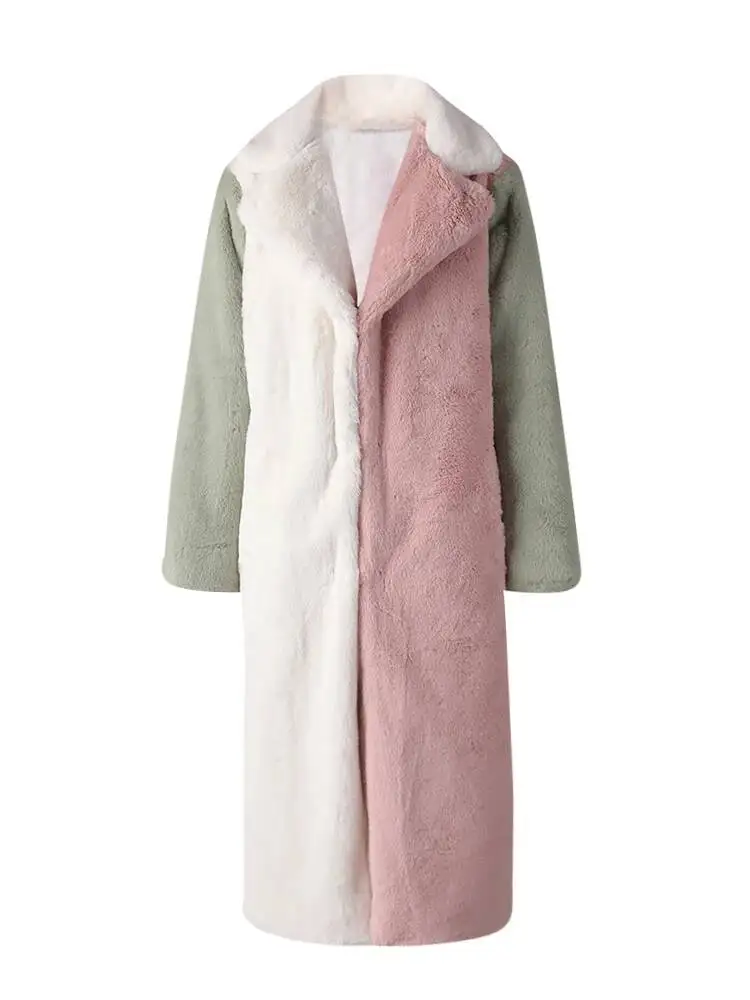 Fashion Contrast Color Faux Fur Coat Women's Lapel Loose Long Sleeves Plush Thick Overcoat Winte 7FEV view 4