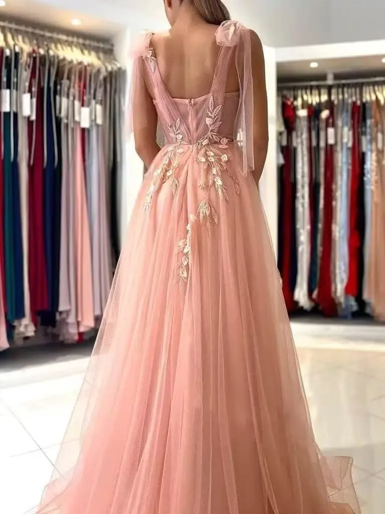 슬릿 스파게티 스트랩이 있는 튤 레이스 프롬 드레스, 포멀 이브닝 드레스, 스위트하트 볼 가운, 여성용 우아한 포멀 드레스