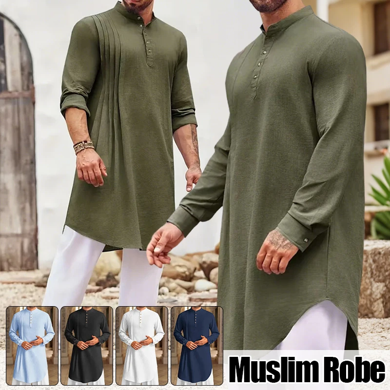 НОВАЯ мужская мусульманская рубашка с воротником-стойкой и длинным рукавом, исламский арабский кафтан, однотонная уличная одежда, повседневная мужская одежда, хлопковое белье