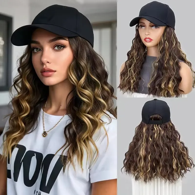 

45CM Synthetic Hat Wig for Women Wig Cap with Curly Hair Extensions Hat with Hair Wave Adjustable Baseball Hat Wigs