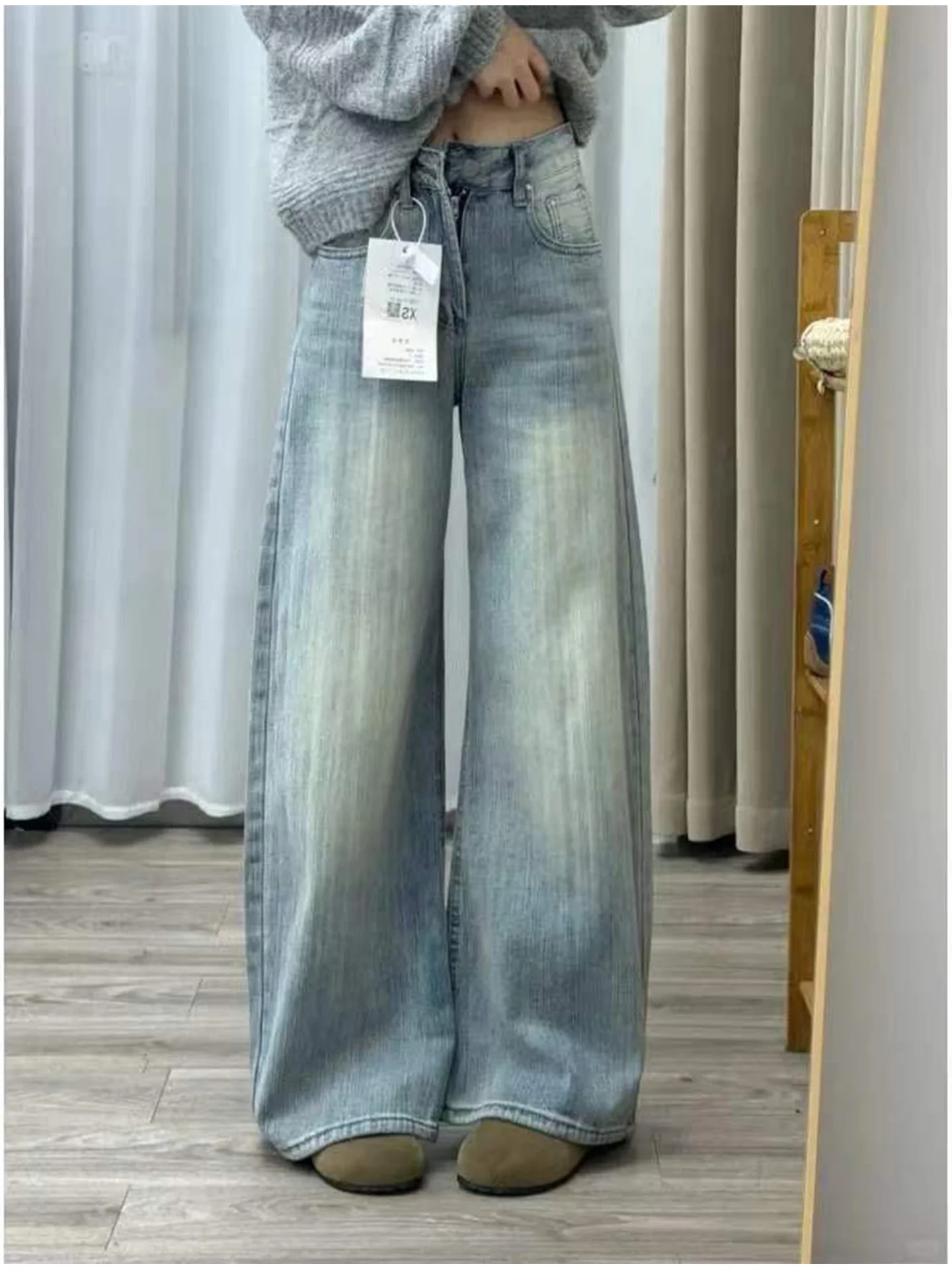 

American High Waist Washed Vintage Knife Jeans Women's Summer New Small Size Slim Loose Wide Leg Pants Casual Wear