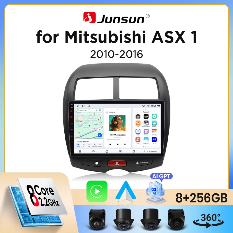 Junsun Wireless CarPlay Android Auto Autoradio für Mitsubishi ASX Mk1 (GA) 2010-2019 mit eingebautem Lüfter, Android GPS-Navigation, Multimedia-Player, WiFi, DSP, RDS, BT, SWC, IPS-Touchscreen,