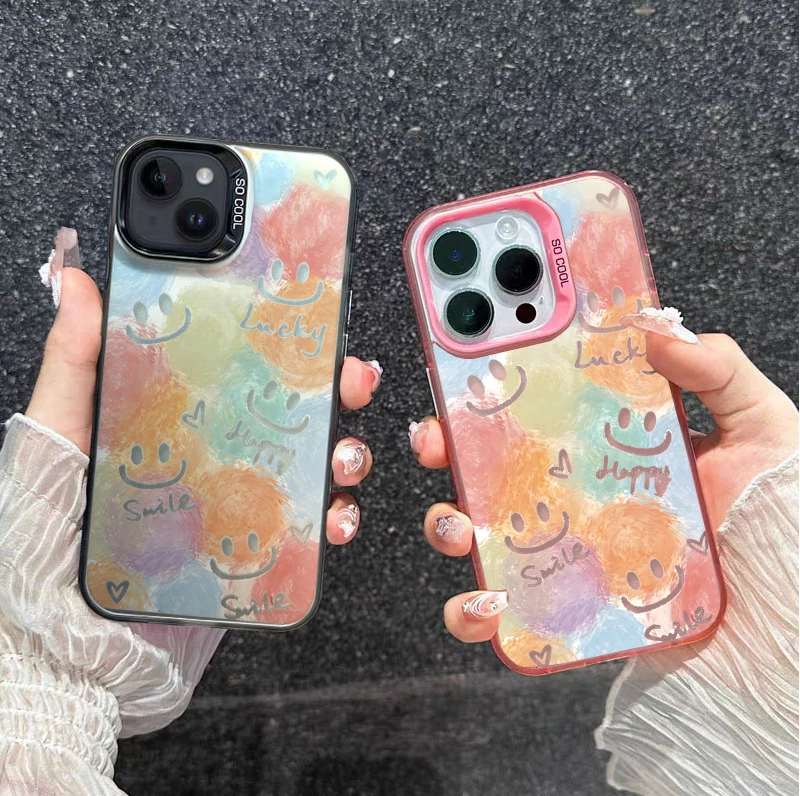 Colorful Smiling Face Pattern Case For Samsung Galaxy S26 Ultra S25 Edge S24 S23 Plus S26 FE S20 Matte IMD Silver Laser Cover
