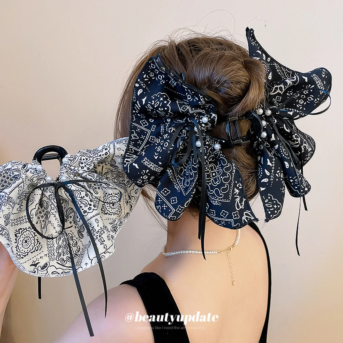 

1pc fabric printed pearl bow tassel acrylic hair claw retro style shark clip hair accessory with design features