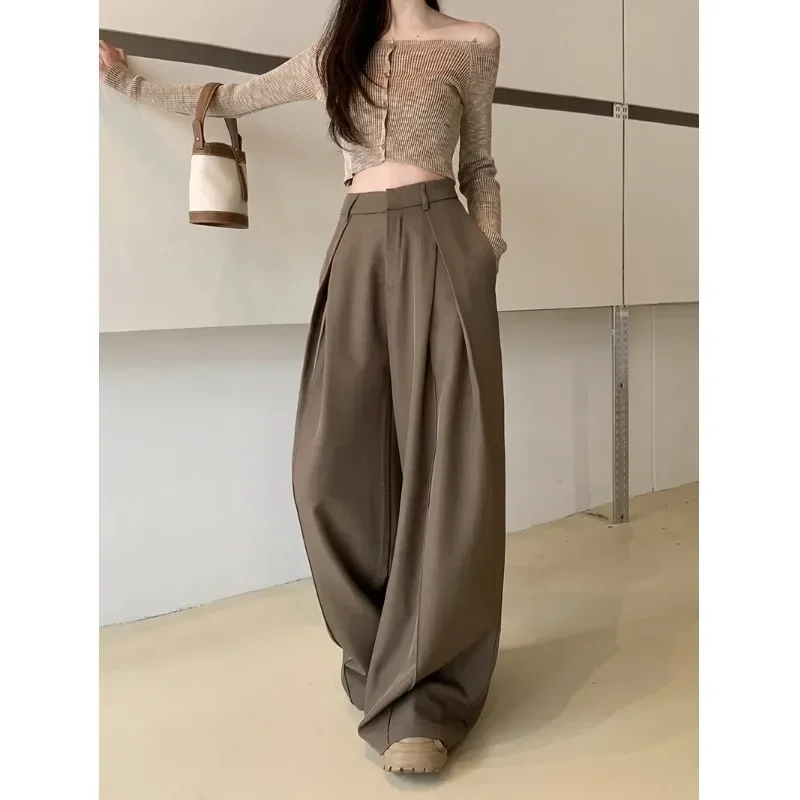 

Pop Retro High Waist Wide Leg Pants Casual Suit Pants Coffee Color Draping Women's Spring Fashionable Floor-Length Trousers