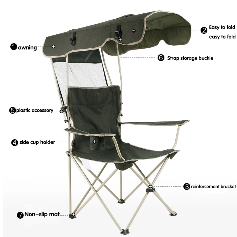 Portable Foldable Fishing Chair Camping Awning Beach Chair Outdoor Fishing Carry Umbrella Lounge Chair with Canopy