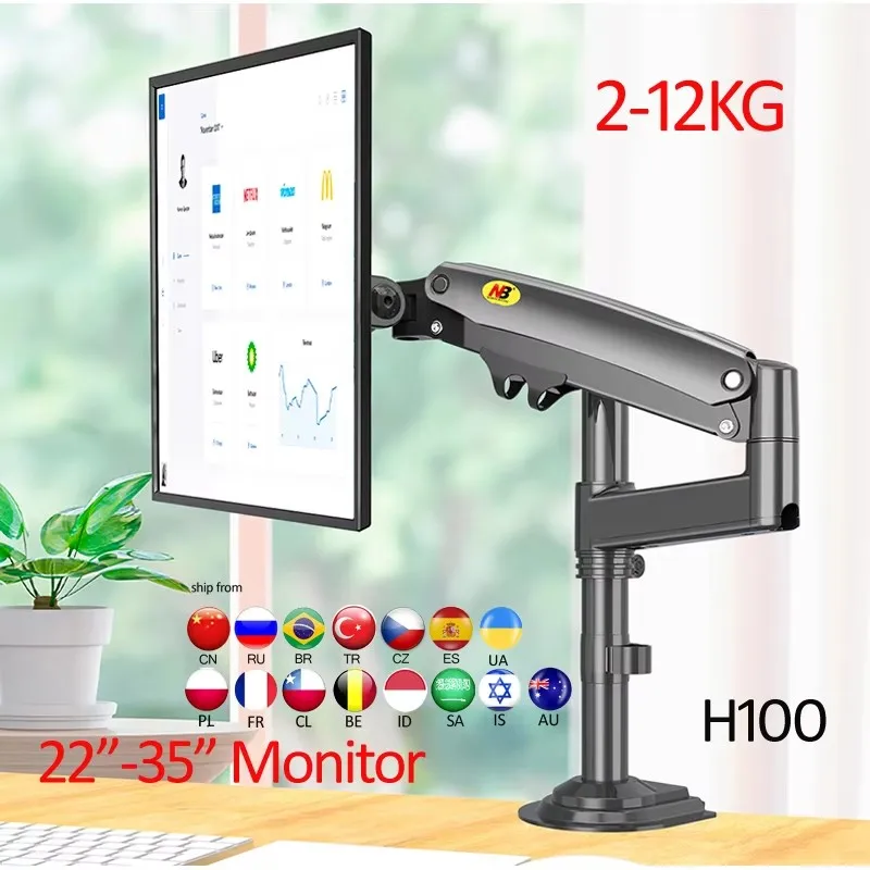 NB NEW H100 22-35' Gas Spring Monitor Holder Arm Full Motion LCD TV Mount 2-12kg Ergonomica Dual Arm Clamp Bracket USB3