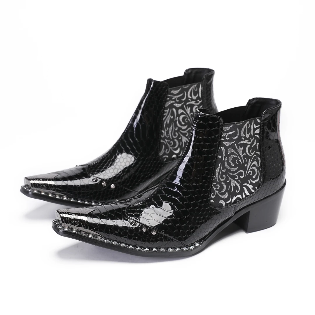 Autumn Winter New Designer Snake Skin Ankle Boots For Men Real Leather High Heels Slip On Dress Shoes Party Stage Botas Male