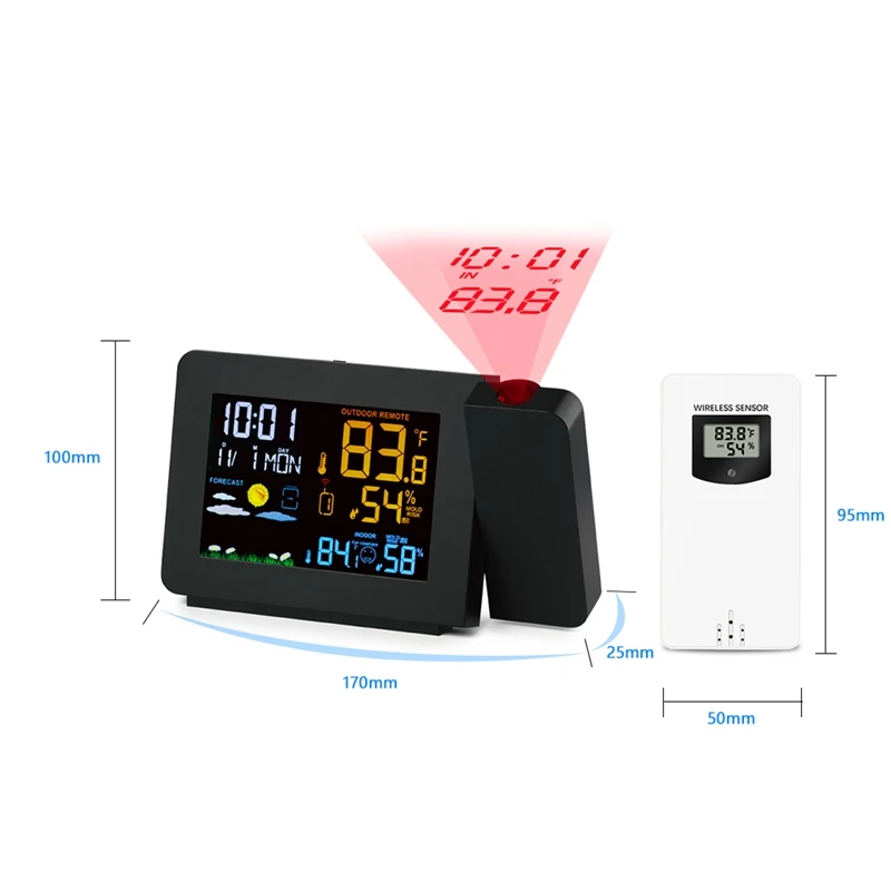 PT3391 Stacja pogodowa z zegarem projekcyjnym z czujnikiem temperatury Kolorowy wyświetlacz LCD Prognoza pogody