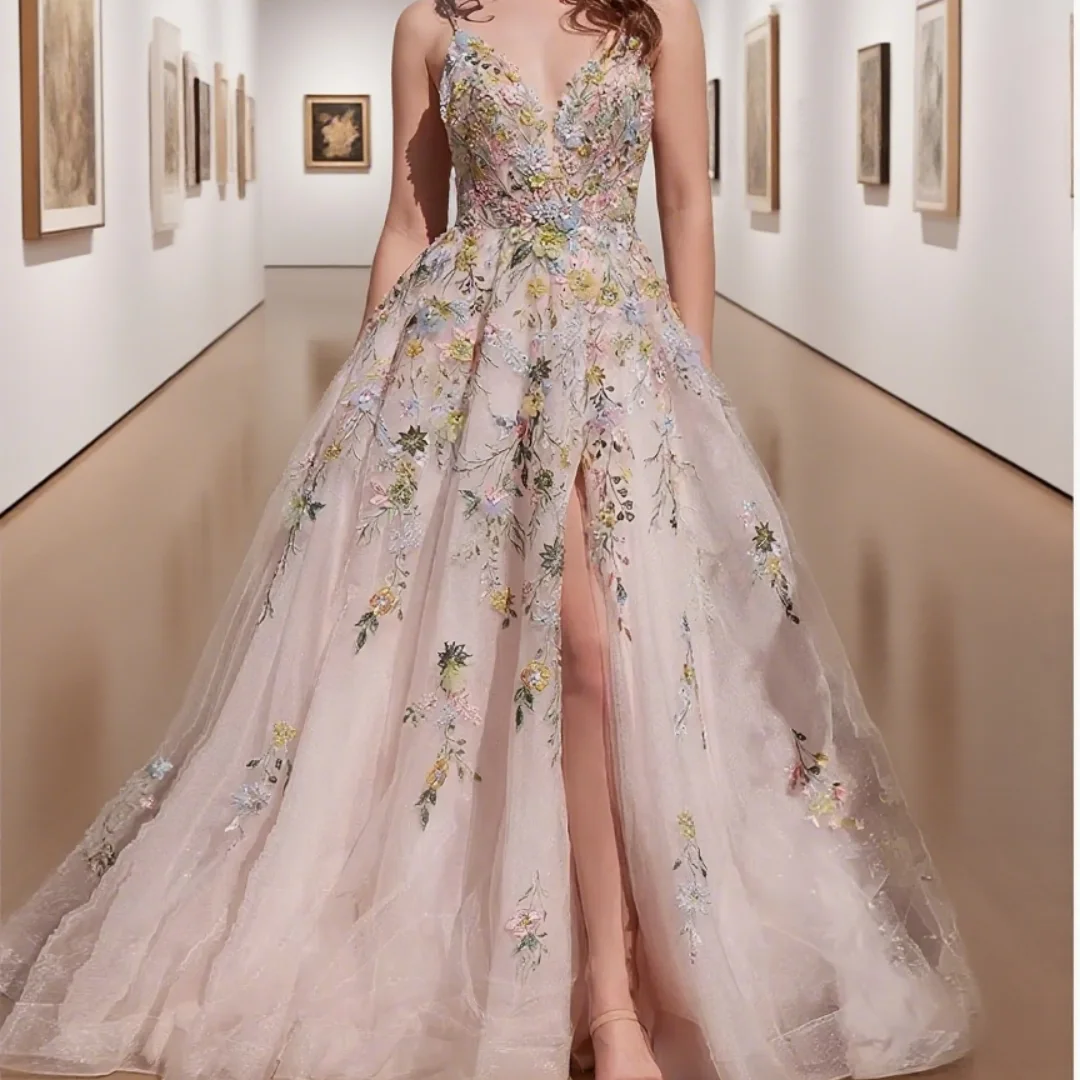 

Exquisite V-Neck Appliques Wedding Veil Prom Dress Elegant Spaghetti Strap Side-Slit Sexy A-Line Formal Evening Gown Customized