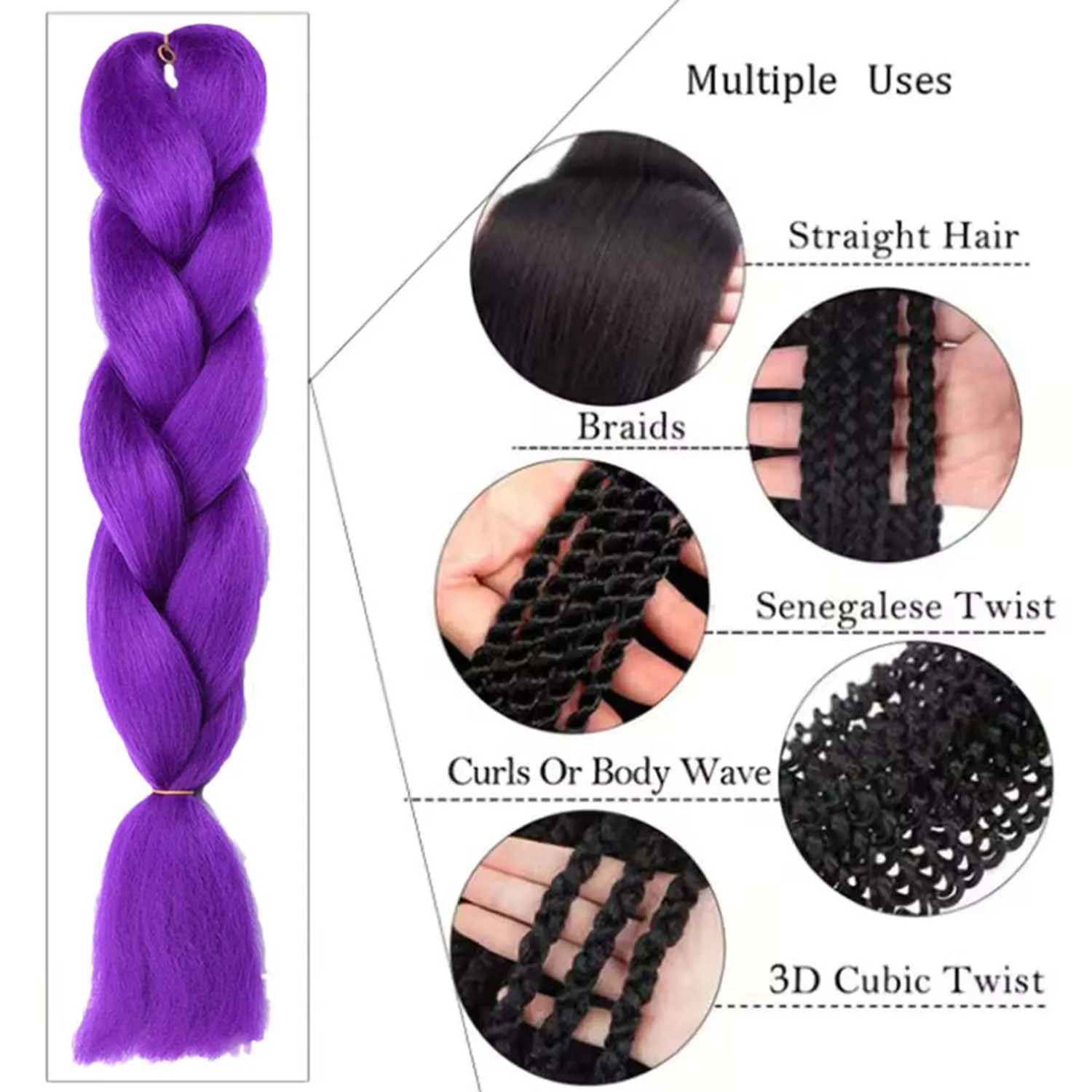 وصلات شعر تجديل أرجوانية صناعية بطول 24 بوصة لضفائر الكروشيه DIY جديلة ذيل حصان جامبو، تصفيفة شعر رومي، شعر متعدد الألوان