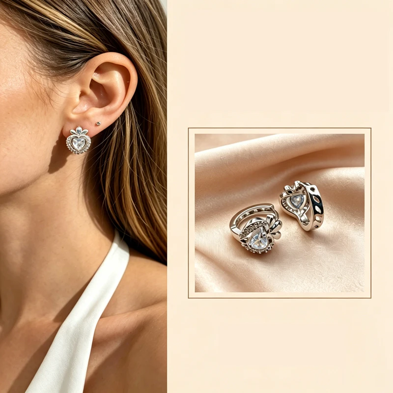 Classic Heart-shaped Series Silver Plated Shiny Various Colors Ring Earrings Necklace Luxury Charm Women Jewelry Party Gifts