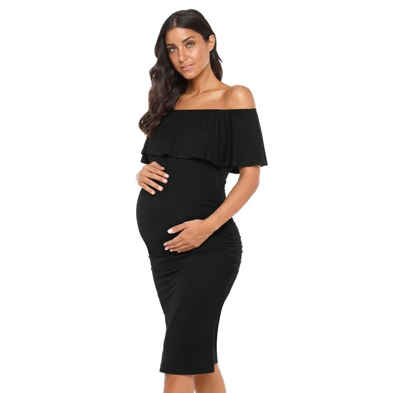 Cotton Nursing Ruffles Maternity Dresses Off Shoulder Pregnancy Ruffle Shoulderless Women Bodycon Dress Summer Pregnant
