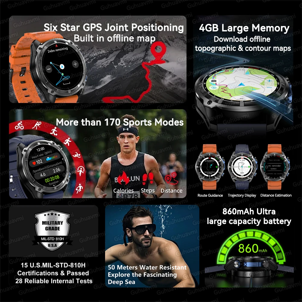 Смарт-часы с GPS для мужчин, 4 ГБ, локальная память, 466*466 AMOLED, Bluetooth-вызовы, спортивные, 860 мАч, компас, водонепроницаемые, GPS-карта, умные часы, 2025Новинка