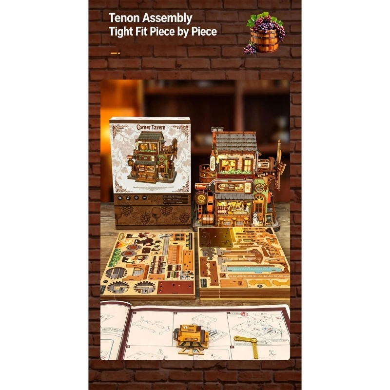 Wooden Miniature Tavern Building Model for Adult DIY Assembly, Layered Architectural and Decorative Gear Design for 15UB