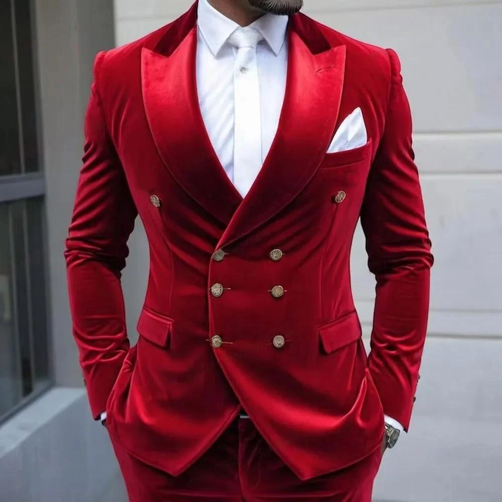 

Red Velvet Peaked Lapel Double Breasted Men Suits Wedding Formal Party Fashion Man Sets Banquet Sets 2 Pieces (Jacket+Pants)