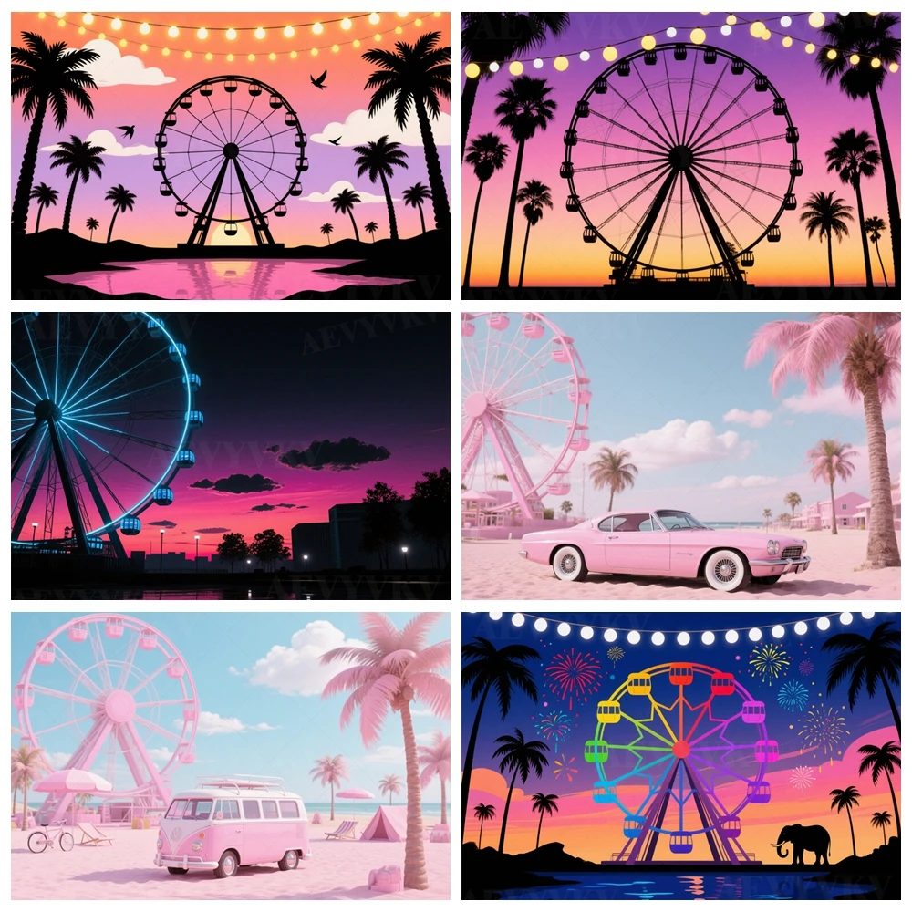 

Summer Seaside Sunset and Palm Trees Sunset Ferris Wheel Backdrop Wedding Photography Background Tropical Hawaii Party Decora
