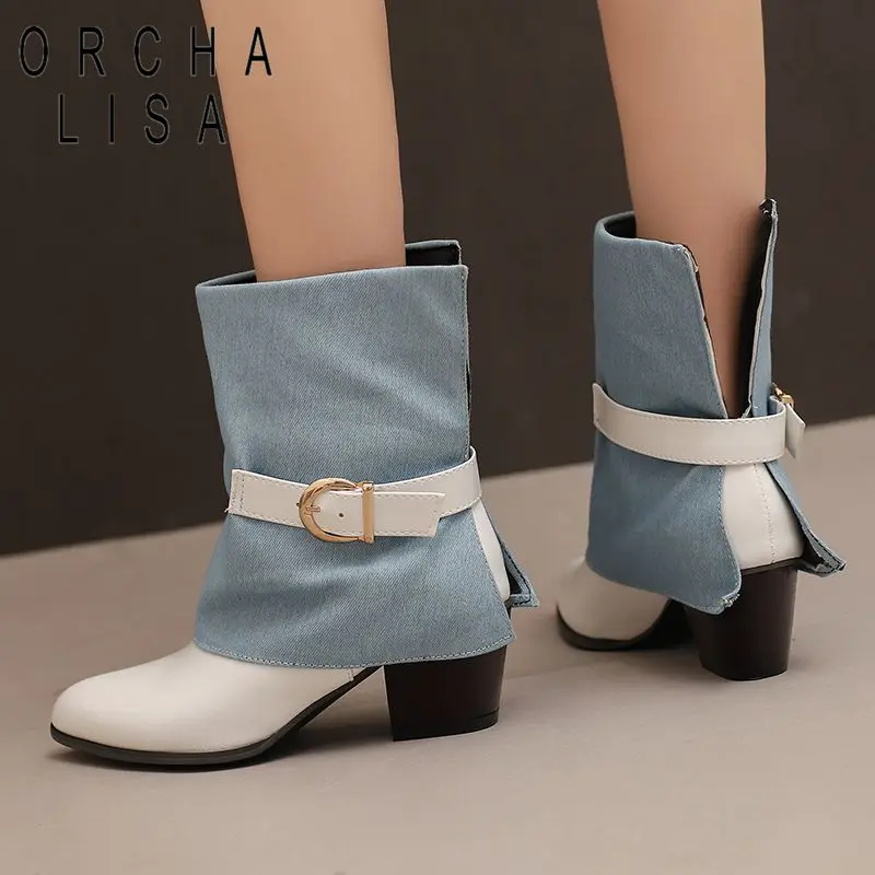 

2025 New Women's Mid Calf Boots Pointed Toe 5cm Block Heel Belt Buckle Multi Extended Size 47-48 Sweet Dating Casual Sale on