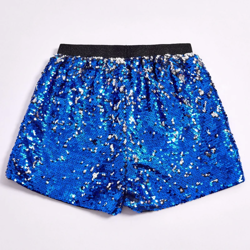 

2025 модные разноцветные двусторонние шорты с пайетками для женщин, повседневные блестящие женские короткие брюки с эластичной резинкой на талии для выступлений на сцене