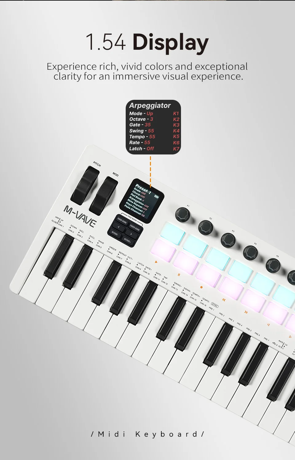 M-VAVE SMK-37 Pro USB-MIDI-Controller mit 37 Tasten und 8 Knöpfen und 16 RGB-Pads unterstützt Software-Betrieb für WINDOWS MAC IOS Android